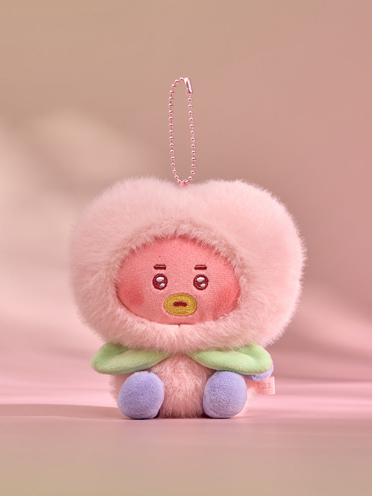 BT21 Peach Holic TATA plush keyring in a pink peach costume with green leaves, front view