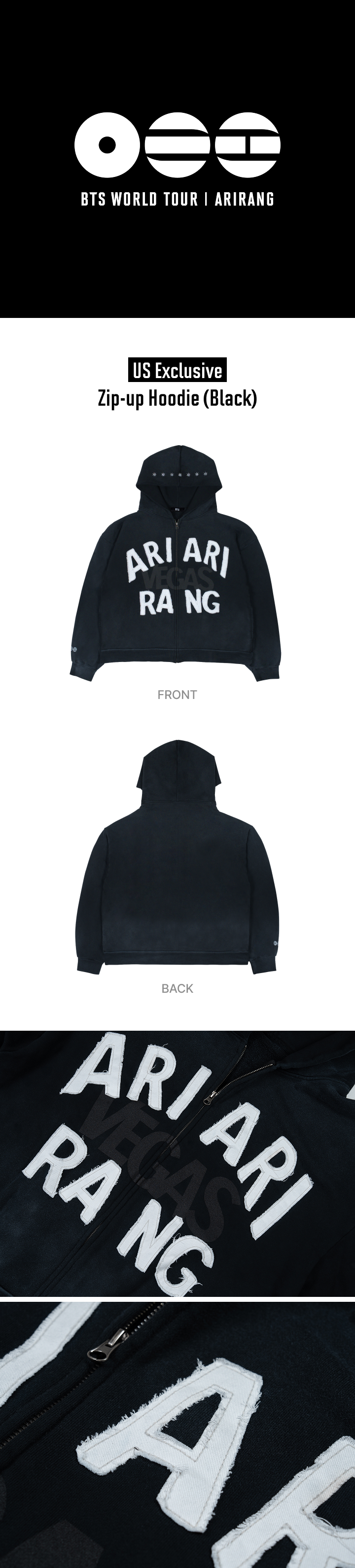 BTS ARIRANG Las Vegas zip-up hoodie front, back and graphic details