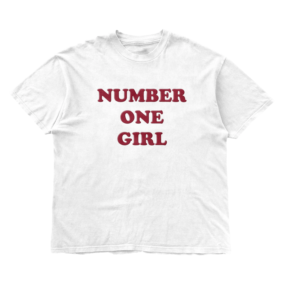 ROSÉ Number One Girl white relaxed T-shirt with burgundy puff-print lettering, front view
