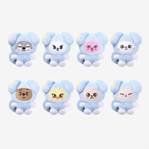 All eight Stray Kids SKZOO plush characters in pale-blue TASY star costumes for RUN IT World Tour