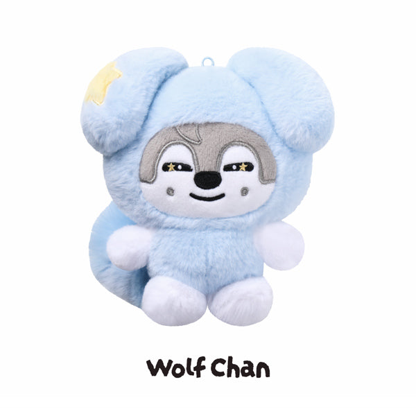 Wolf Chan SKZOO plush in a pale-blue TASY star costume for Stray Kids RUN IT World Tour