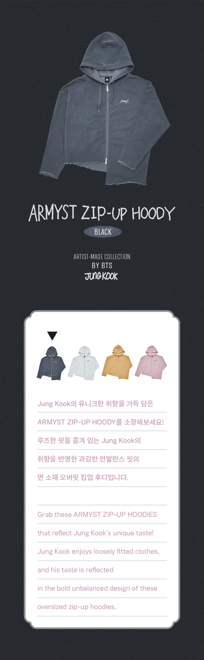Black BTS Jung Kook ARMYST ZIP-UP HOODY with four-color lineup and product details.