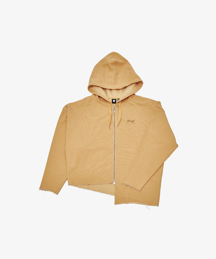 Mustard BTS Jung Kook ARMYST ZIP-UP HOODY with raw-edge asymmetric hem.