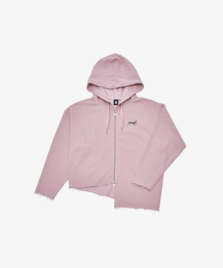 Pink BTS Jung Kook ARMYST ZIP-UP HOODY with raw-edge asymmetric hem.