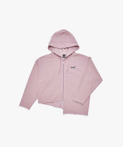 Pink BTS Jung Kook ARMYST ZIP-UP HOODY with raw-edge asymmetric hem.