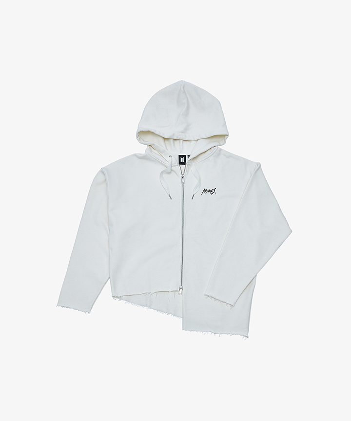 White BTS Jung Kook ARMYST ZIP-UP HOODY with raw-edge asymmetric hem.