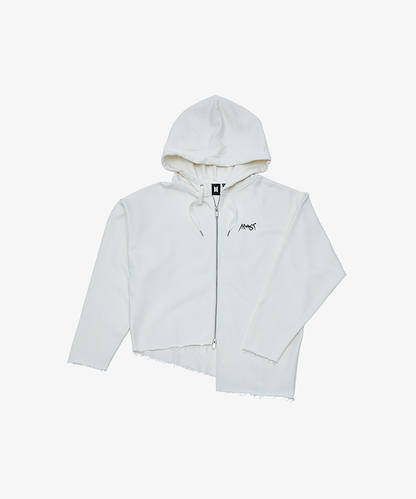 White BTS Jung Kook ARMYST ZIP-UP HOODY with raw-edge asymmetric hem.