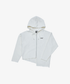 White BTS Jung Kook ARMYST ZIP-UP HOODY with raw-edge asymmetric hem.