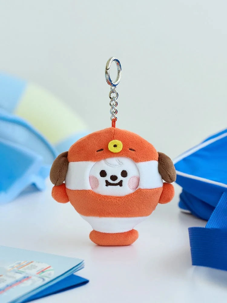 BT21 CHIMMY BABY OCEAN FRIENDS mini doll keyring front view in an orange fish costume