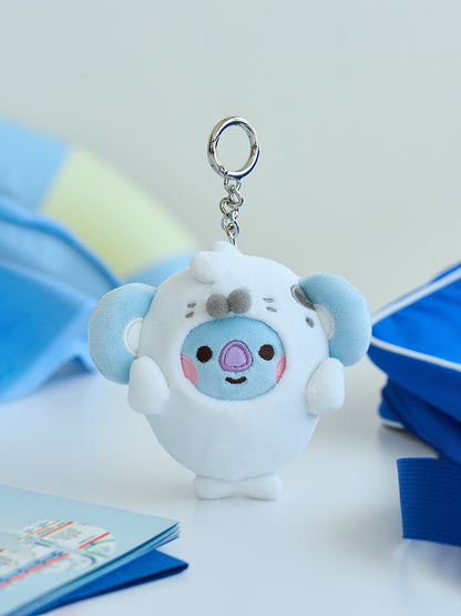 BT21 KOYA BABY OCEAN FRIENDS mini doll keyring front view with white sea-creature costume and metal ring