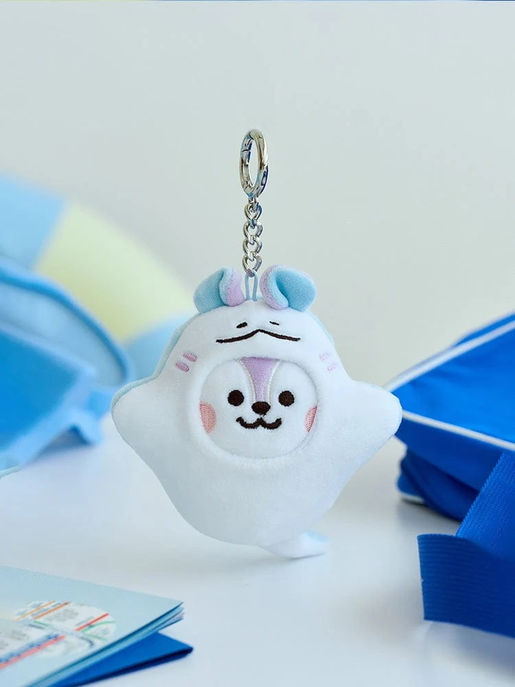 BT21 MANG BABY OCEAN FRIENDS mini doll keyring front view with a white sea-creature costume and metal ring