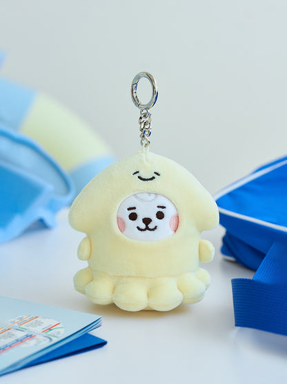 BT21 RJ BABY OCEAN FRIENDS mini doll keyring front view in a yellow squid costume with a metal ring