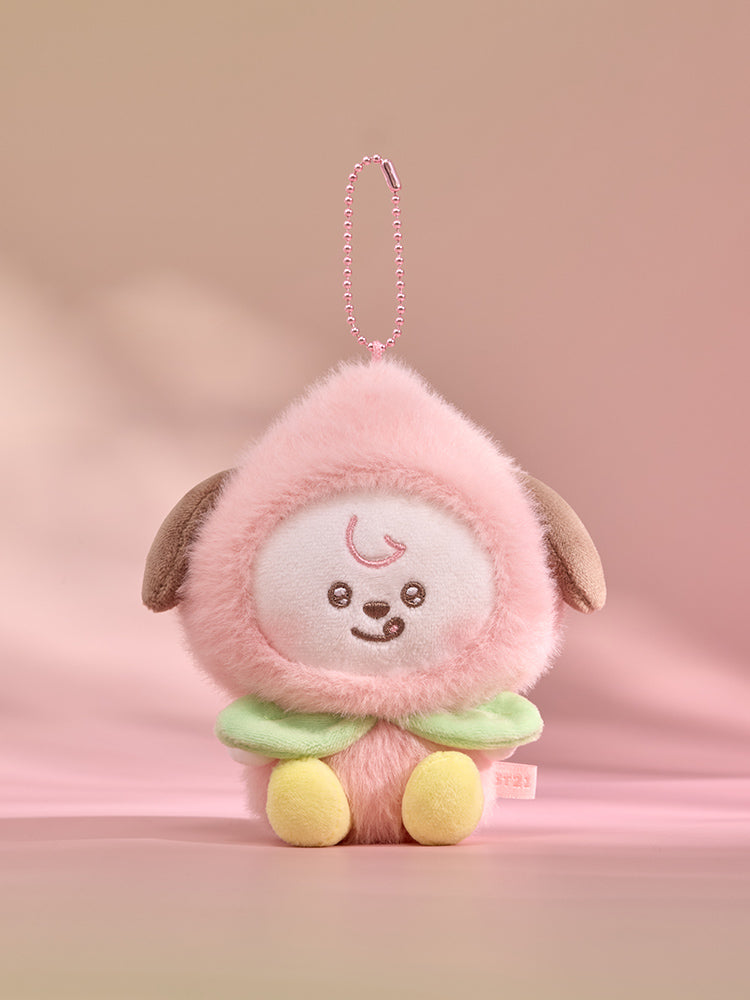 BT21 Peach Holic CHIMMY plush keyring in a pink peach costume with green leaves, front view