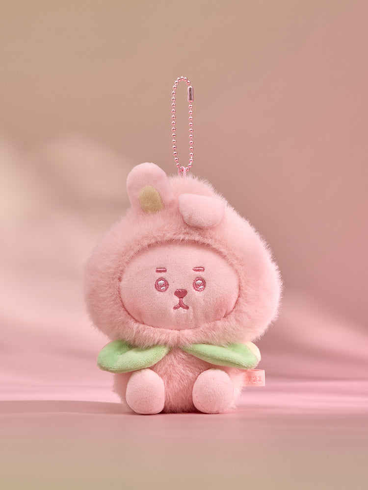 BT21 Peach Holic COOKY plush keyring in a pink peach costume with green leaves, front view