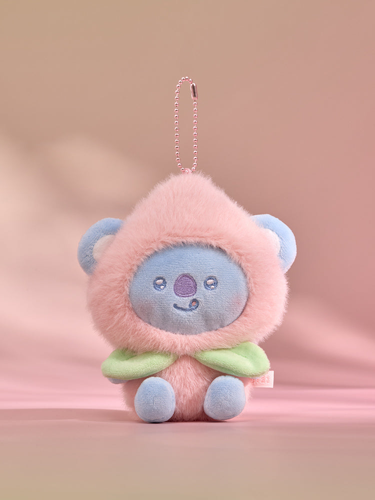 BT21 Peach Holic KOYA plush keyring in a pink peach costume with green leaves, front view