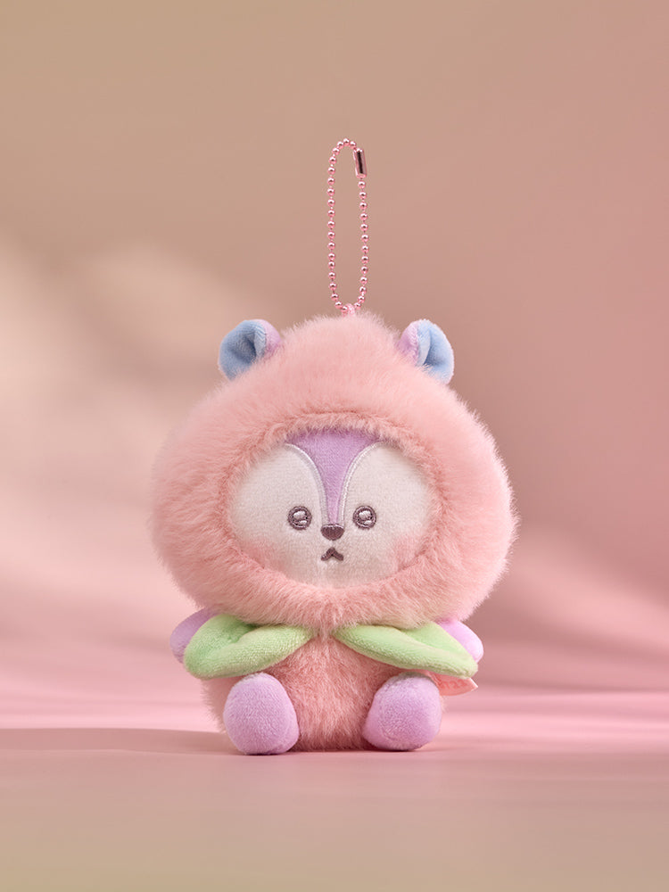 BT21 Peach Holic MANG plush keyring in a pink peach costume with green leaves, front view