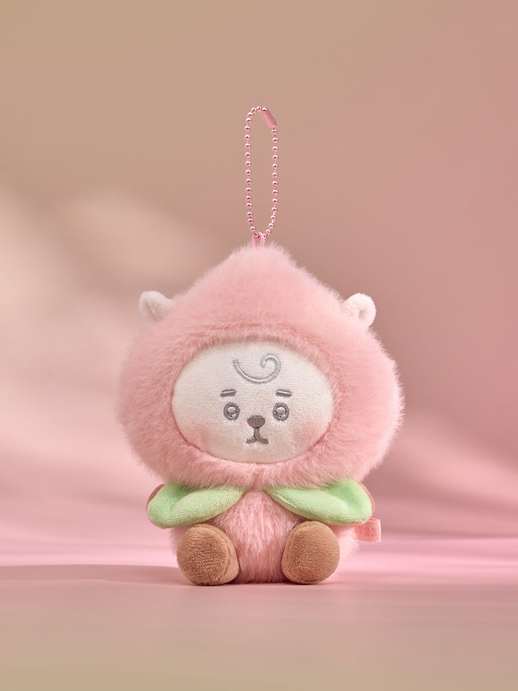 BT21 Peach Holic RJ plush keyring in a pink peach costume with green leaves, front view