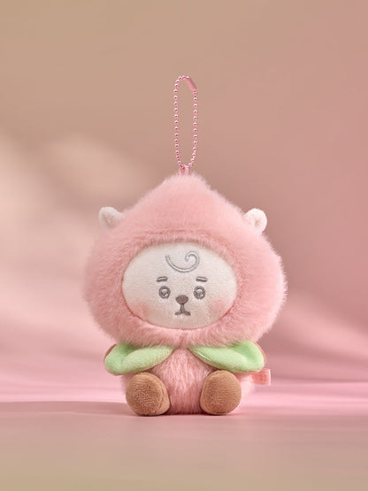 BT21 Peach Holic RJ plush keyring in a pink peach costume with green leaves, front view