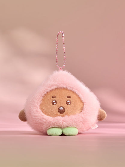 BT21 Peach Holic SHOOKY plush keyring in a pink peach costume with green leaves, front view