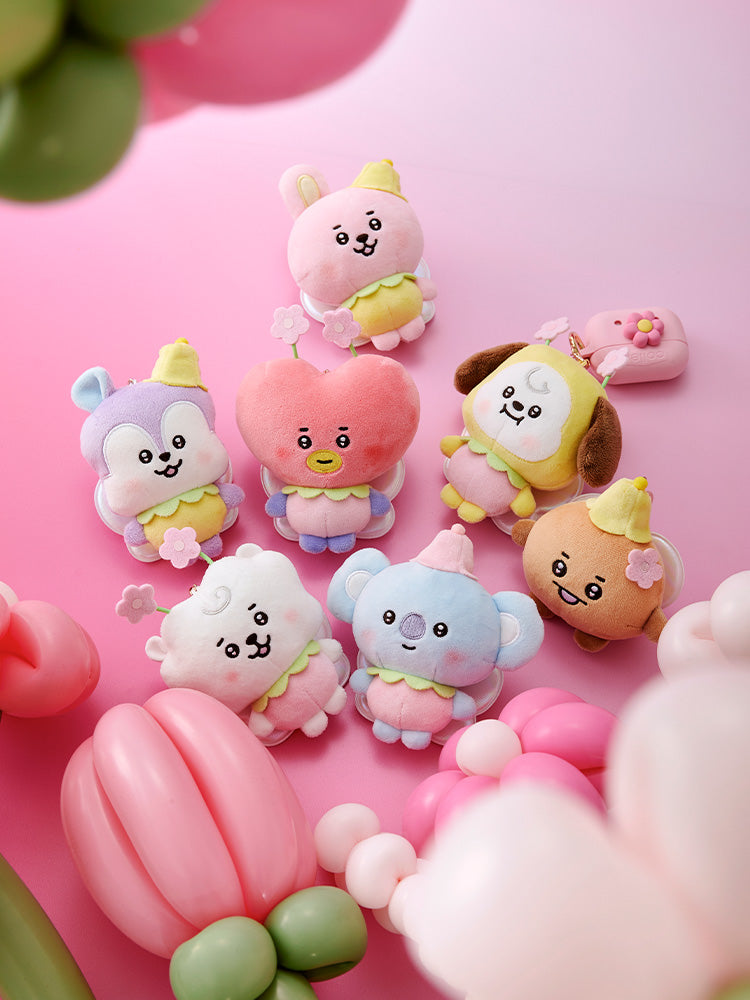 Seven BT21 BABY Spring Fairy plush keyrings featuring TATA, RJ, CHIMMY, MANG, COOKY, SHOOKY and KOYA.