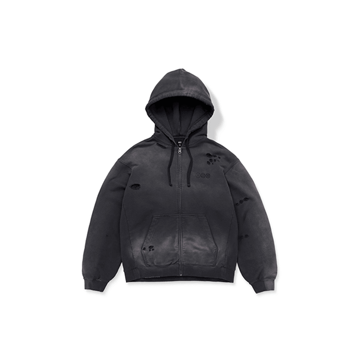 BTS ARIRANG charcoal zip-up hoodie front with distressed details and subtle tour branding