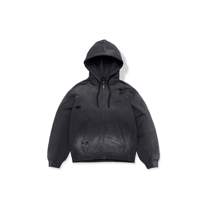 BTS ARIRANG charcoal zip-up hoodie front with distressed details and subtle tour branding