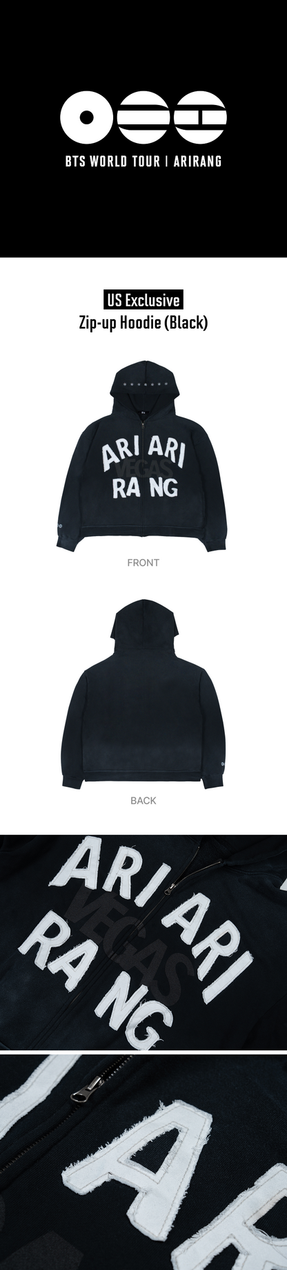 BTS ARIRANG Las Vegas zip-up hoodie front, back and graphic details