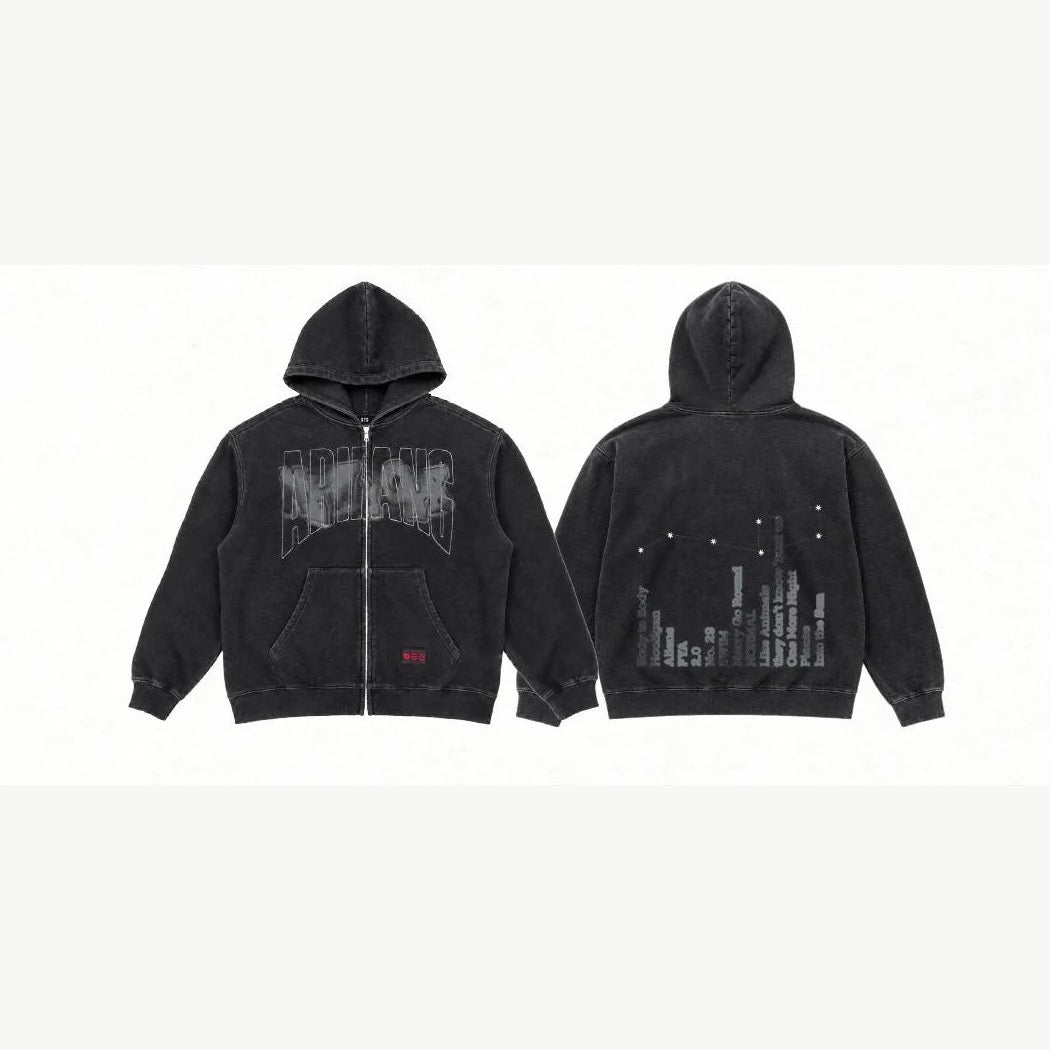 BTS POP-UP: ARIRANG New York black zip-up hoodie, front and back views