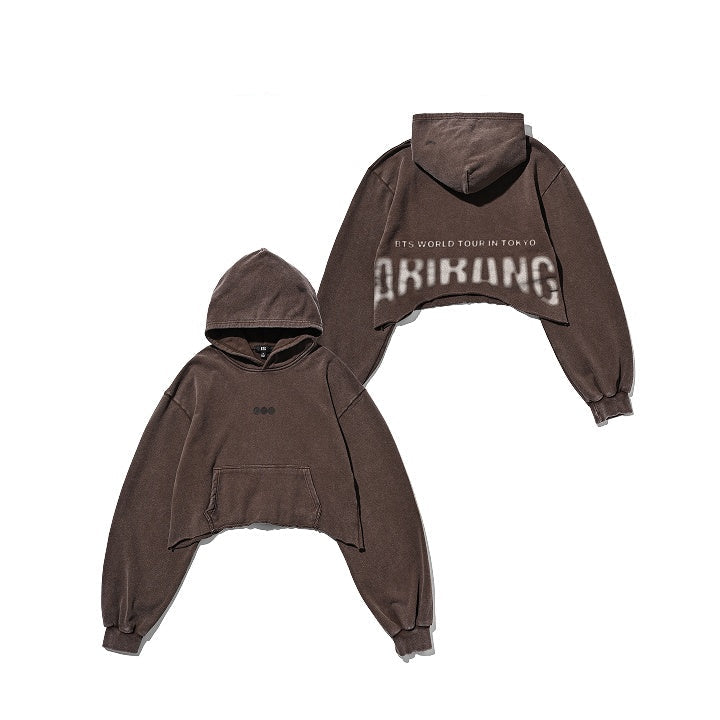 Front and back of the brown BTS ARIRANG Tokyo crop hoodie
