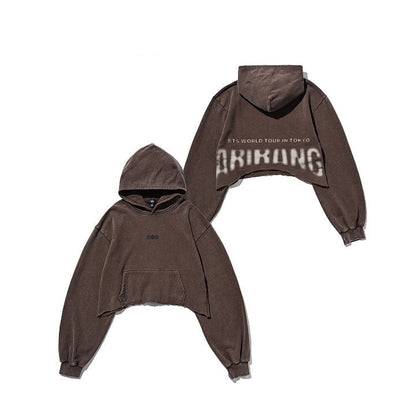 Front and back of the brown BTS ARIRANG Tokyo crop hoodie