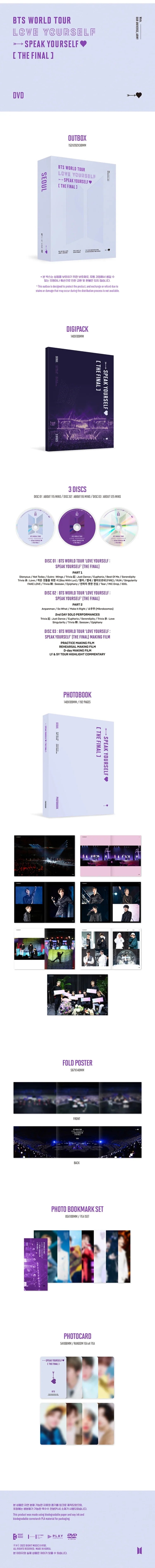 BTS THE FINAL DVD contents with three discs, photobook, poster, bookmarks and random photocard