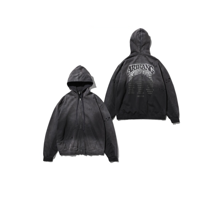 Front and back of the charcoal BTS WORLD TOUR ARIRANG Japan zip-up hoodie on a clean white background.