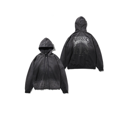 Front and back of the charcoal BTS WORLD TOUR ARIRANG Japan zip-up hoodie on a clean white background.