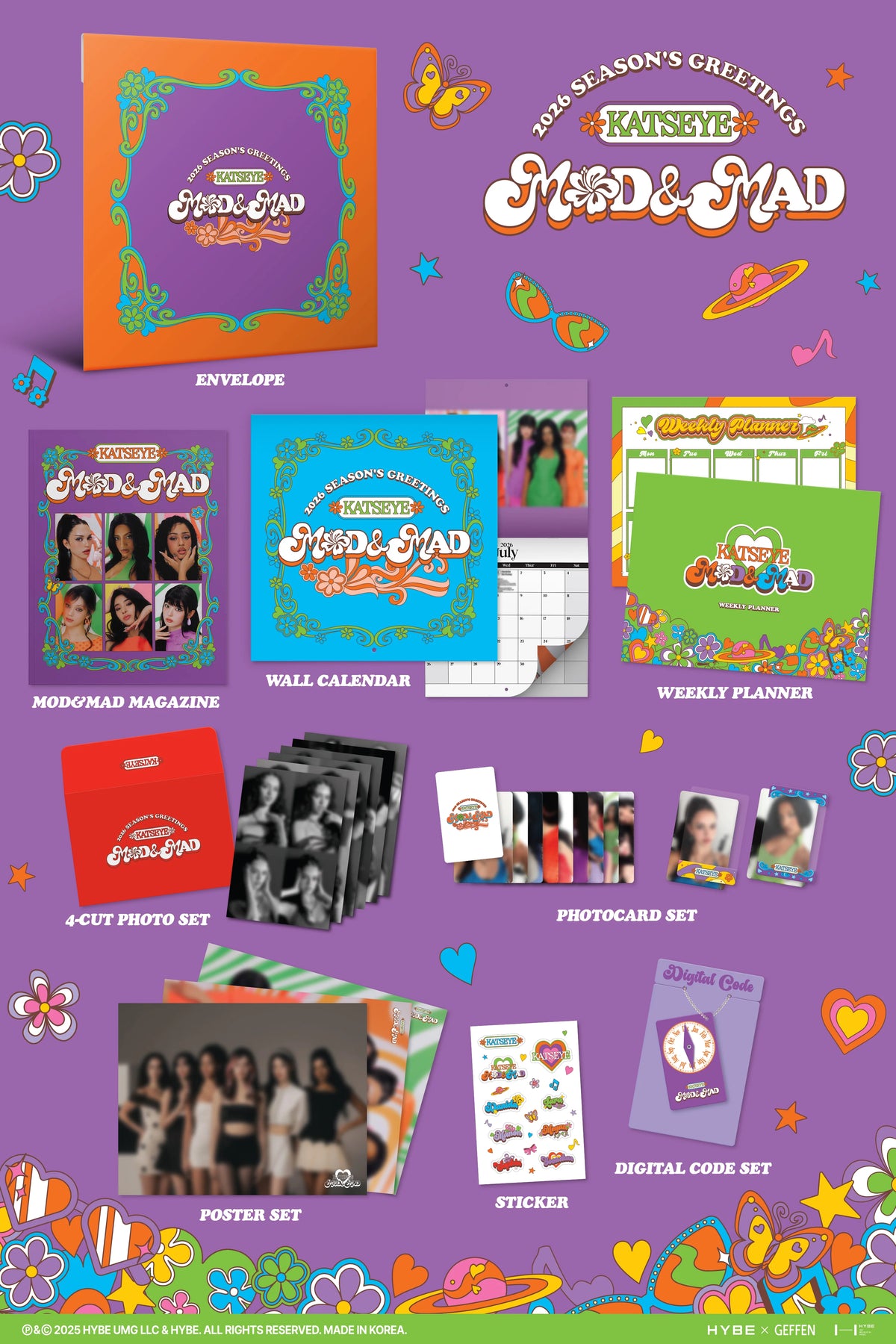 KATSEYE 2026 Season’s Greetings contents with magazine, calendar, planner, photo sets and digital code