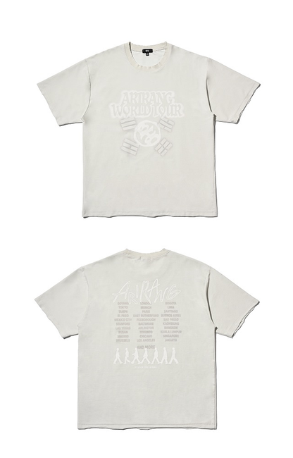 Front and back of the gray BTS ARIRANG Japan Tour T-shirt on a clean white background, with tour-city back print.