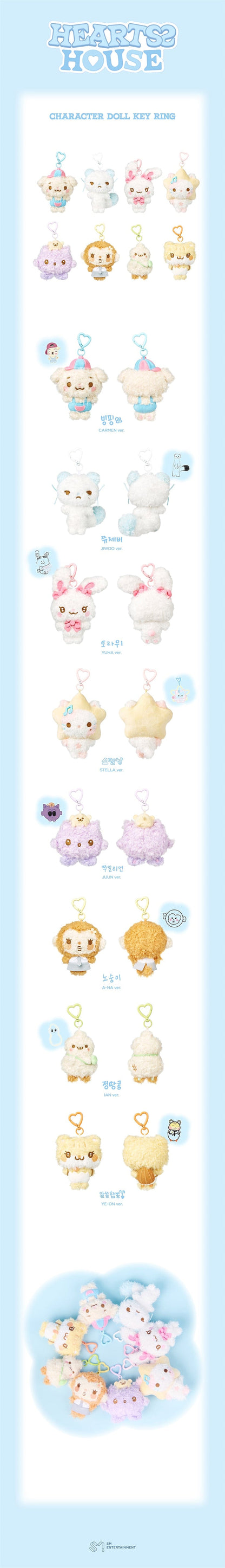 Hearts2Hearts HEARTS 2 HOUSE character doll keyring details and eight labeled member designs