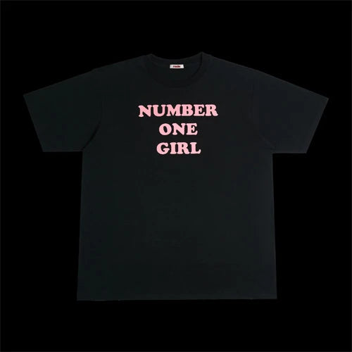 ROSÉ Number One Girl black T-shirt with pink chest lettering, front view
