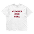 ROSÉ Number One Girl white relaxed T-shirt with burgundy puff-print lettering, front view