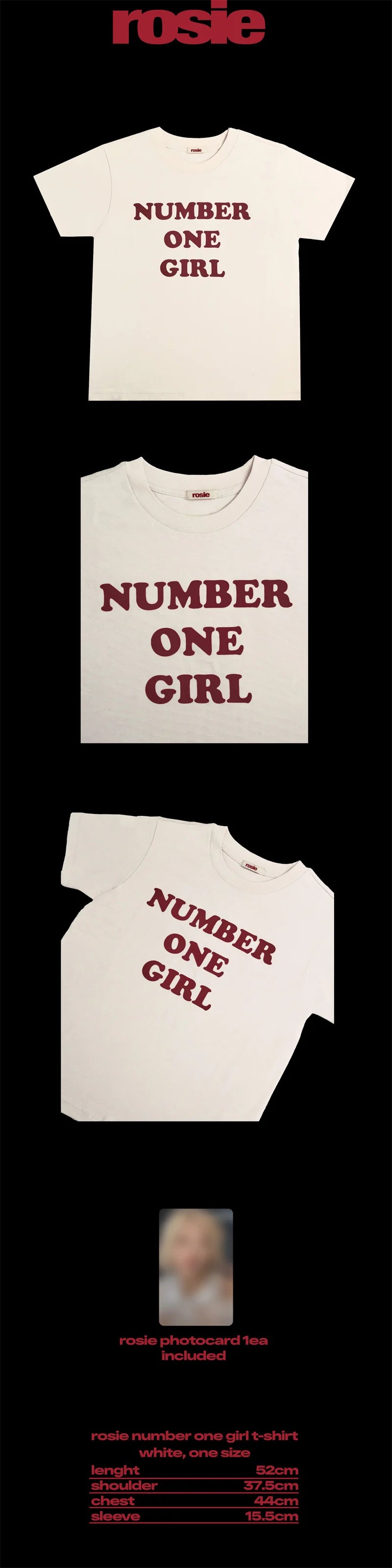 ROSÉ white short Number One Girl T-shirt detail with design, included photo card and one-size measurements