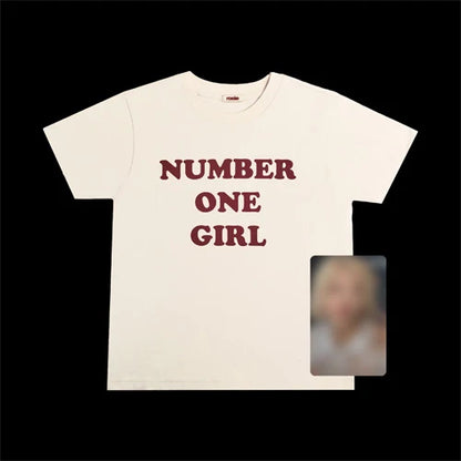 ROSÉ Number One Girl white short T-shirt with burgundy chest lettering, front view