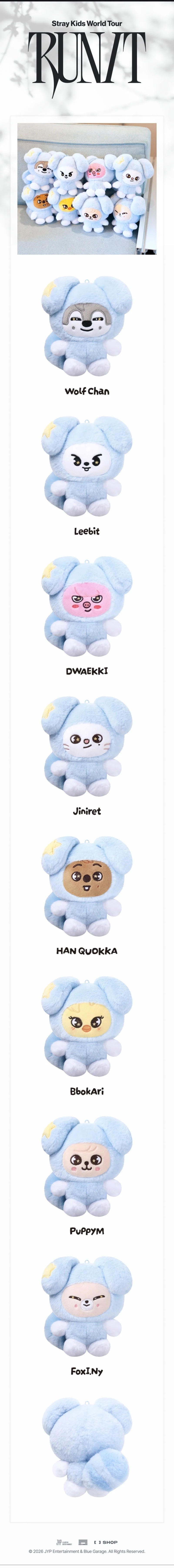 SKZOO PLUSH in TASY RUN IT character guide with eight named plush options and the outfit back detail