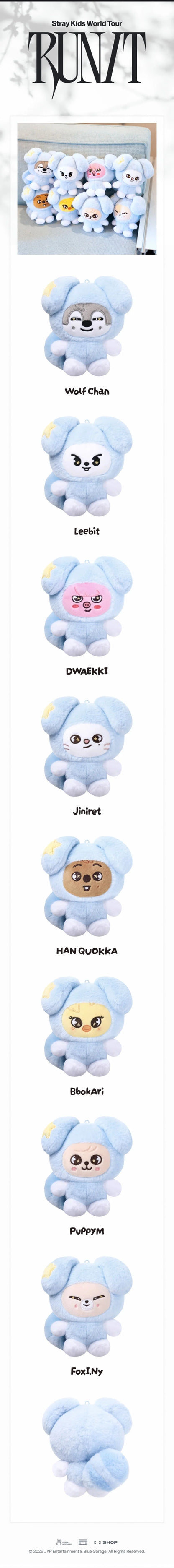 SKZOO PLUSH in TASY RUN IT character guide with eight named plush options and the outfit back detail