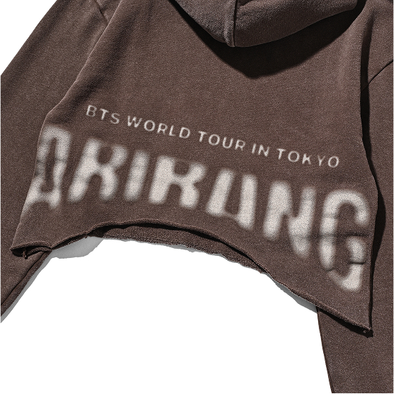 Close-up of the ARIRANG and BTS WORLD TOUR IN TOKYO print on the back of the brown crop hoodie.