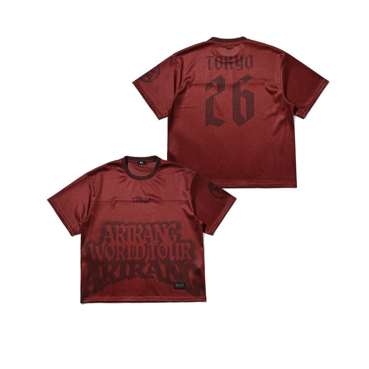 Front and back of the red BTS ARIRANG Tokyo Tour Jersey on a white background, showing the TOKYO 26 back print.