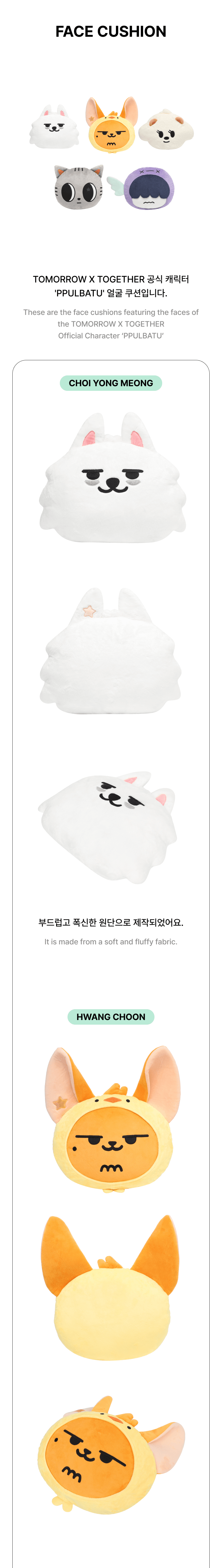 TXT original PPULBATU CHOI YONG MEONG and HWANG CHOON face cushion details